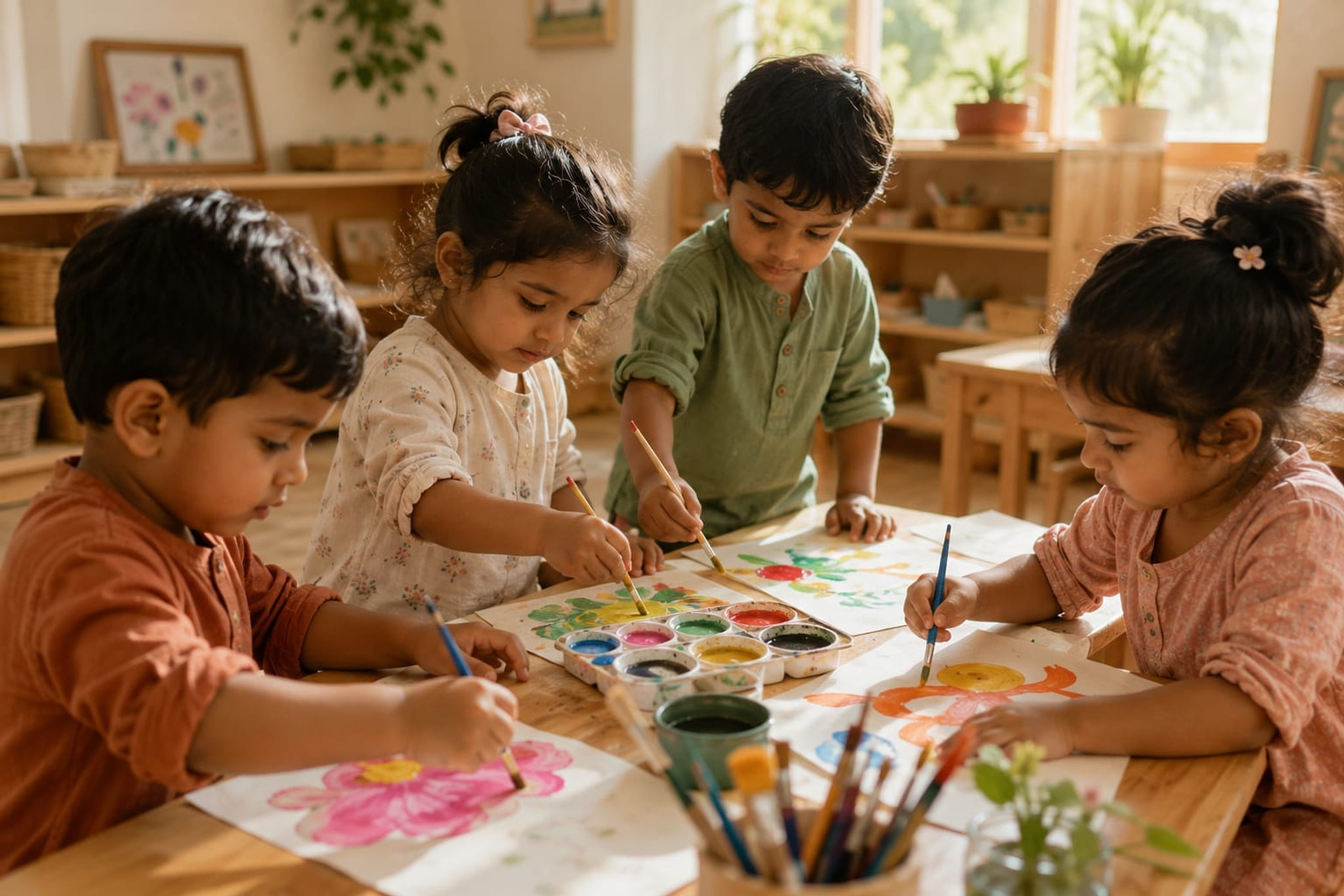 A small group of children painting together at a low table.